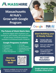Flyer describing free AI and Career Certificate programs available to all Massachusetts residents: AI Essentials, Cybersecurity, IT Support, Agile Essentials, Project Management, UX Design, AI Data Analytics, Prompting Essentials, Digital Marketing, Google AI