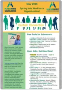 Snip of first page of the MassHire Central Region Workforce Board's May e-newsletter. URL: https://conta.cc/3QTu5o4