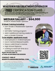 Free wastewater treatment operator certification class starts March 2026: Email murphyd@masshirecentral.com for info