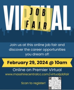 MassHire Central Region Virtual Job Fair: February 29, 10AM on Premier Virtual. Scan bar code to register. 