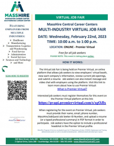 This event is being held in partnership between the MassHire Central Worcester and Southbridge Career Centers. Participating employers and job seekers are from the Central Massachusetts area, representing a diverse array of industries and work experience.