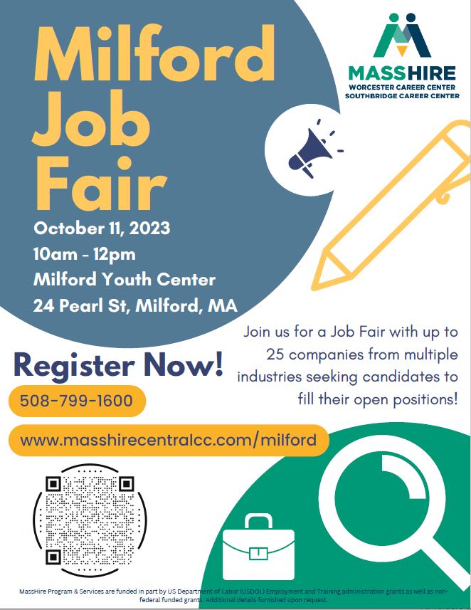 Milford Job Fair October 11, 10AM - noon at Milford Youth Center (24 Pearl Street, Milford, MA)