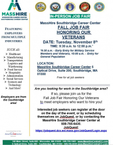 Southbridge Job Fair (in person) November 8, 9:30AM - noon. First half hour exclusively for veterans.